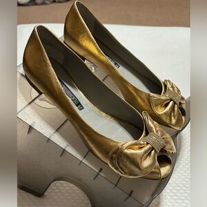 Shimmering Gold Peep-Toe Flats with Bow
